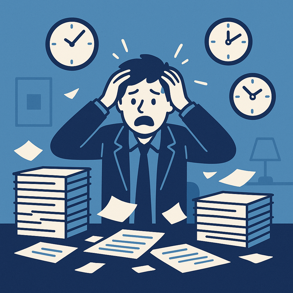 Overwhelmed business person with paperwork and clocks, in variants of Xpolicy blue colors, flat style.